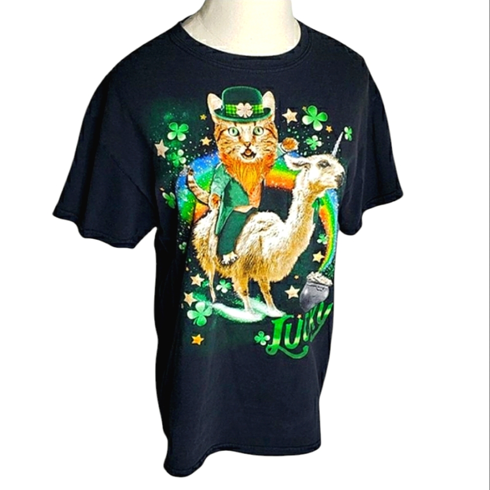 Lucky St Patrick Graph Tee  Llama Unicorn Green-eye Cat Pot oGold 4 Leaf Clover